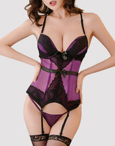 Pellegrace Violet Hunger Sheer Floral Lace Underwire Boned Bustier with Garter Belt