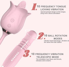 3-in-1 Blooming Sexy Pink Rose Toy Rotating Pearls Telescopic Vibrator