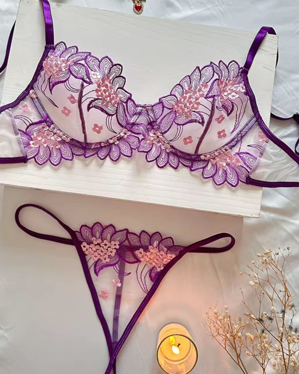 Purple Passion  - Floral Lace Bra and G-String Set