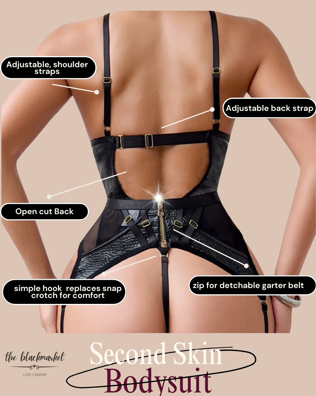 Second Skin Bodysuit - Black Snakeskin, Gold Details, Zip Up Garter Belt and Garters