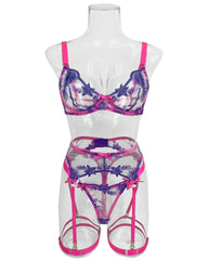 Electric Bubbleyum Pink and Purple Lace Bra, G-String, Garter Belt, and Garters Set