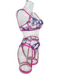 Electric Bubbleyum Pink and Purple Lace Bra, G-String, Garter Belt, and Garters Set