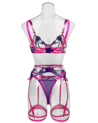 Electric Bubbleyum Pink and Purple Lace Bra, G-String, Garter Belt, and Garters Set