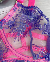 Electric Bubbleyum Pink and Purple Lace Bra, G-String, Garter Belt, and Garters Set