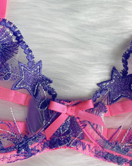Electric Bubbleyum Pink and Purple Lace Bra, G-String, Garter Belt, and Garters Set