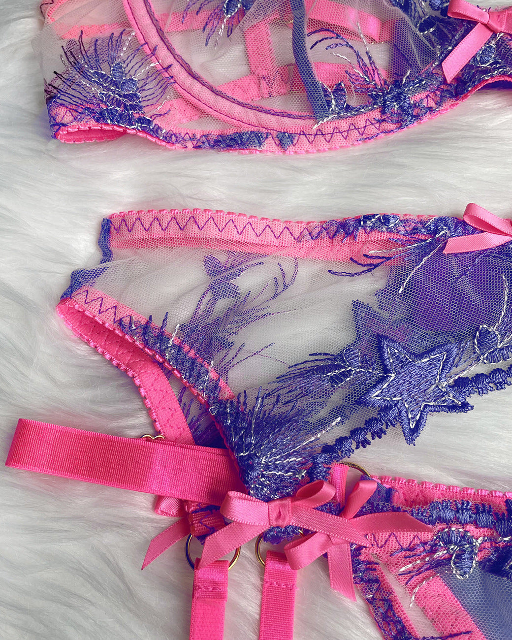 Electric Bubbleyum Pink and Purple Lace Bra, G-String, Garter Belt, and Garters Set