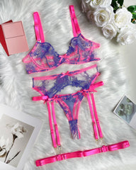 Electric Bubbleyum Pink and Purple Lace Bra, G-String, Garter Belt, and Garters Set