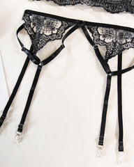 Love Language Black Lace Bra, G-String, and Garter Belt Set