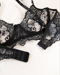 Love Language Black Lace Bra, G-String, and Garter Belt Set
