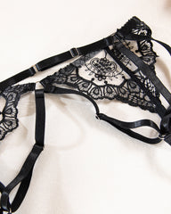 Love Language Black Lace Bra, G-String, and Garter Belt Set