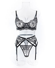Love Language Black Lace Bra, G-String, and Garter Belt Set