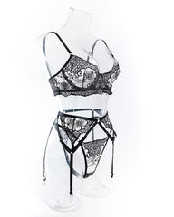 Love Language Black Lace Bra, G-String, and Garter Belt Set