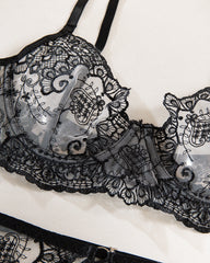 Love Language Black Lace Bra, G-String, and Garter Belt Set