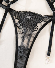 Love Language Black Lace Bra, G-String, and Garter Belt Set