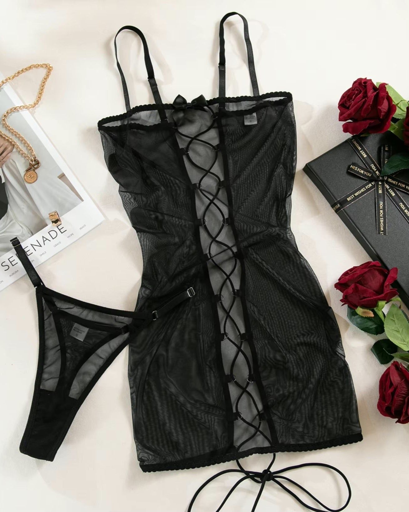 A Little Distraction - Black Sheer Mesh Lace Up Lingerie Slip and G'String