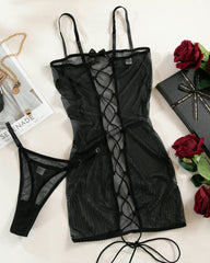 A Little Distraction - Black Sheer Mesh Lace Up Lingerie Slip and G'String