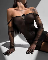 A Little Distraction - Black Sheer Mesh Lace Up Lingerie Slip and G'String