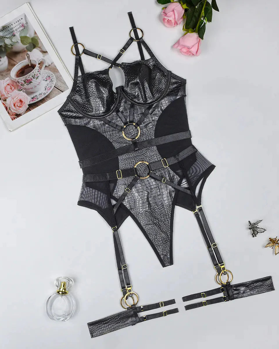 Second Skin Bodysuit - Black Snakeskin, Gold Details, Zip Up Garter Belt and Garters
