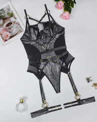 Second Skin Bodysuit - Black Snakeskin, Gold Details, Zip Up Garter Belt and Garters