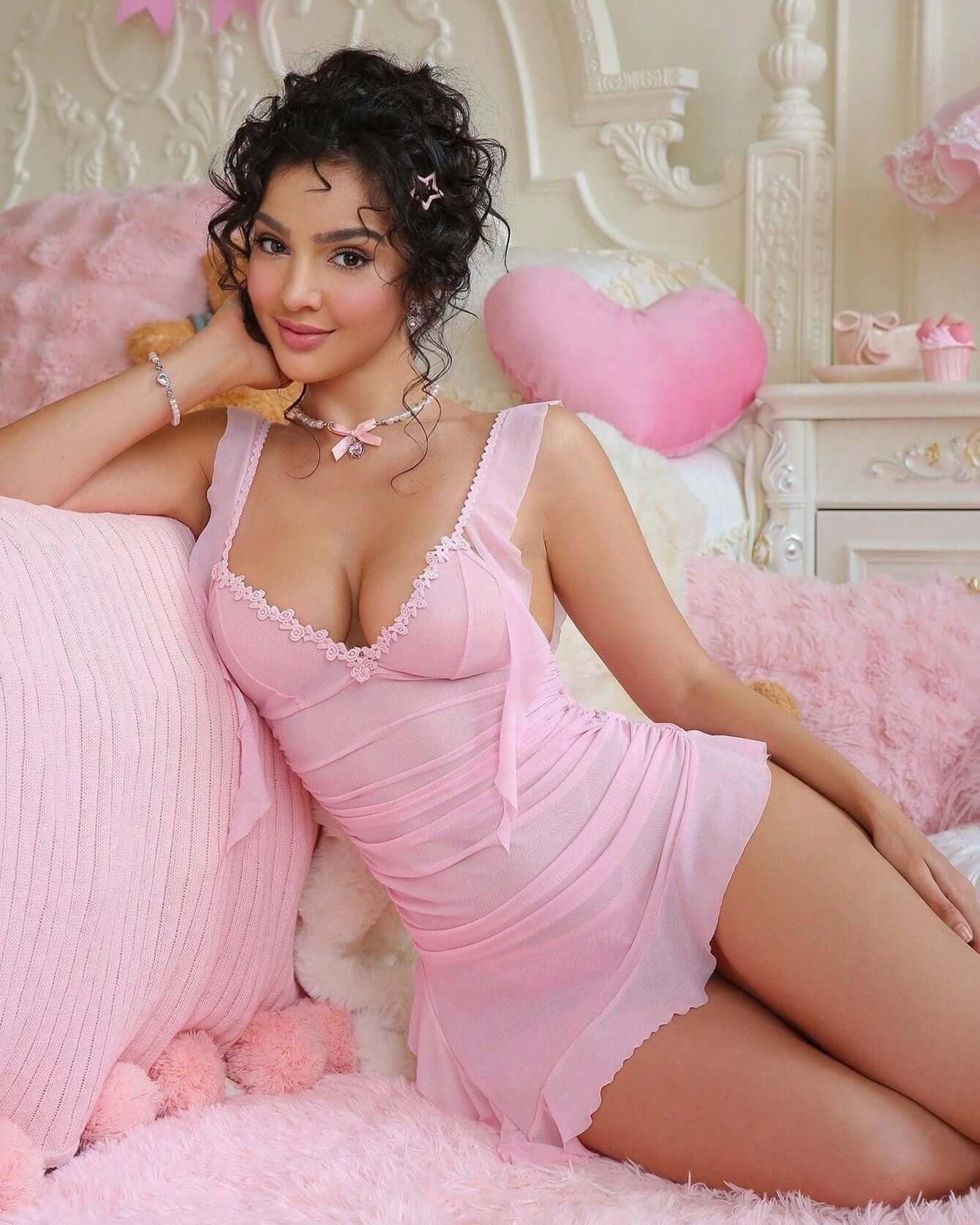 Cherish - Pink Mesh Lingerie Dress & G String