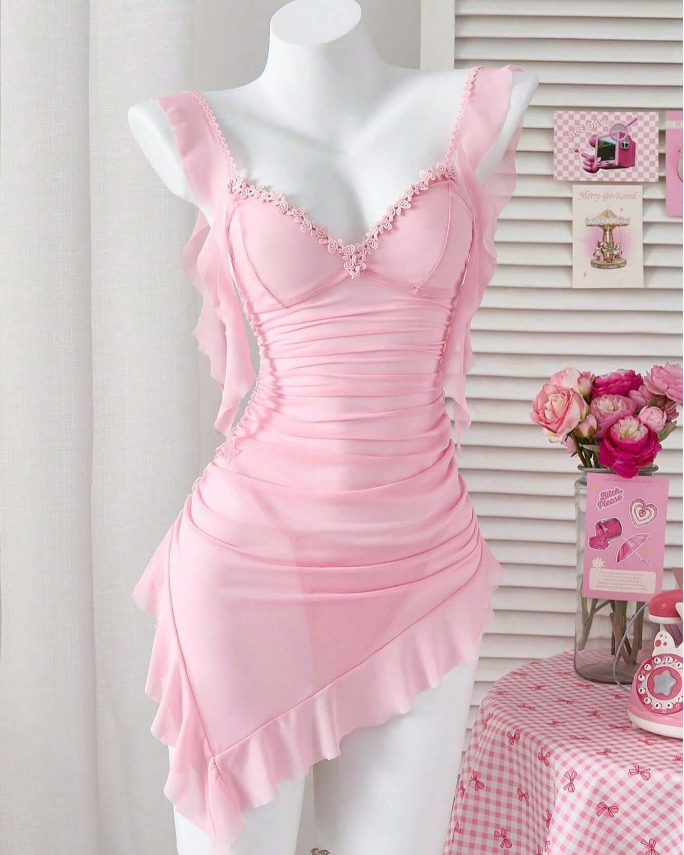 Cherish - Pink Mesh Lingerie Dress & G String