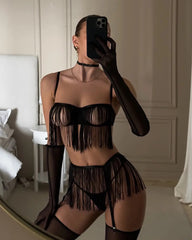 Crowd Pleaser – 6-Piece Black Tassel Lingerie Set with Gloves & Stockings