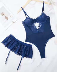 Curvy Lace Bodysuit & Garter Set  - First Impressions– Midnight Blue