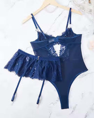 Curvy Lace Bodysuit & Garter Set  - First Impressions– Midnight Blue