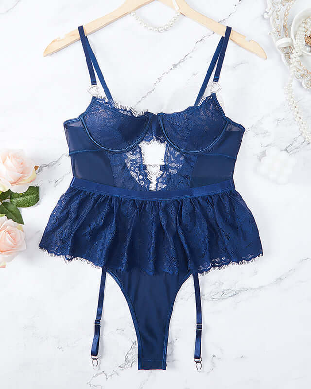 Curvy Lace Bodysuit & Garter Set  - First Impressions– Midnight Blue