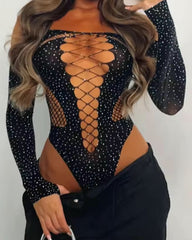 Let Sparks Fly - Long Sleeve, Rhinestone Stretch Bodysuit