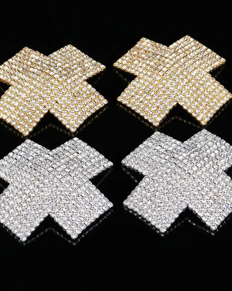 Hidden Assets - Crystal Cross Nipple Covers/Pasties - Silver or Gold