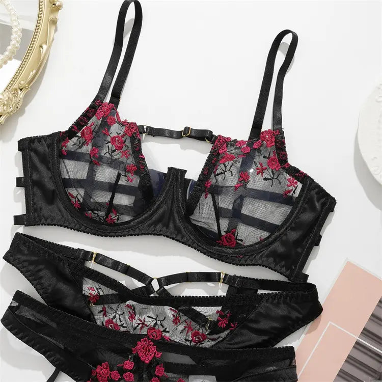 Never Promised You a Rose Garden Lace Bra, G-String, and Garter Belt Set