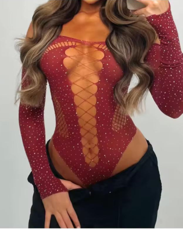 Let Sparks Fly - Long Sleeve, Rhinestone Stretch Bodysuit