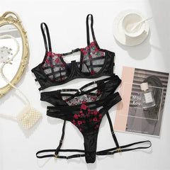 Never Promised You a Rose Garden Lace Bra, G-String, and Garter Belt Set