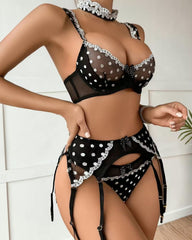 Aim to Please Sheer Polka Dot Lace 4-Piece Lingerie Set -  L Only