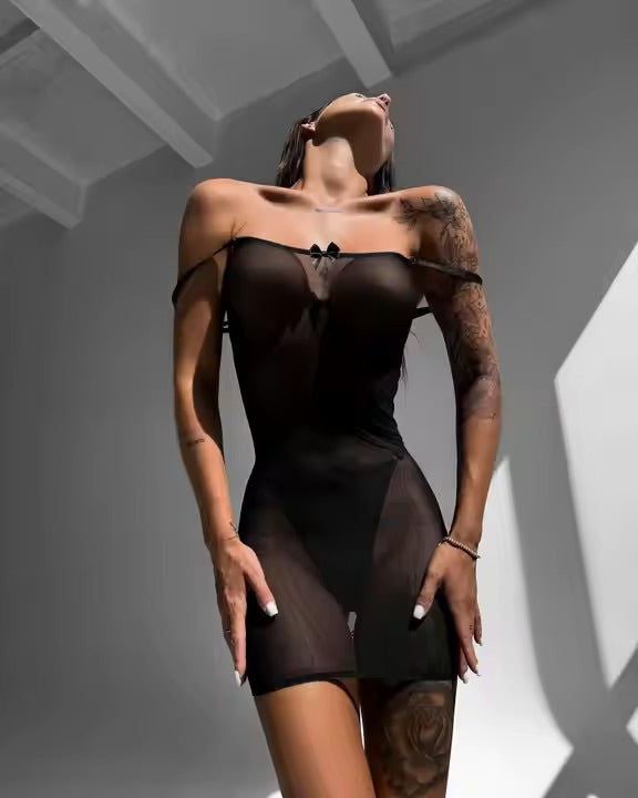 A Little Distraction - Black Sheer Mesh Lace Up Lingerie Slip and G'String