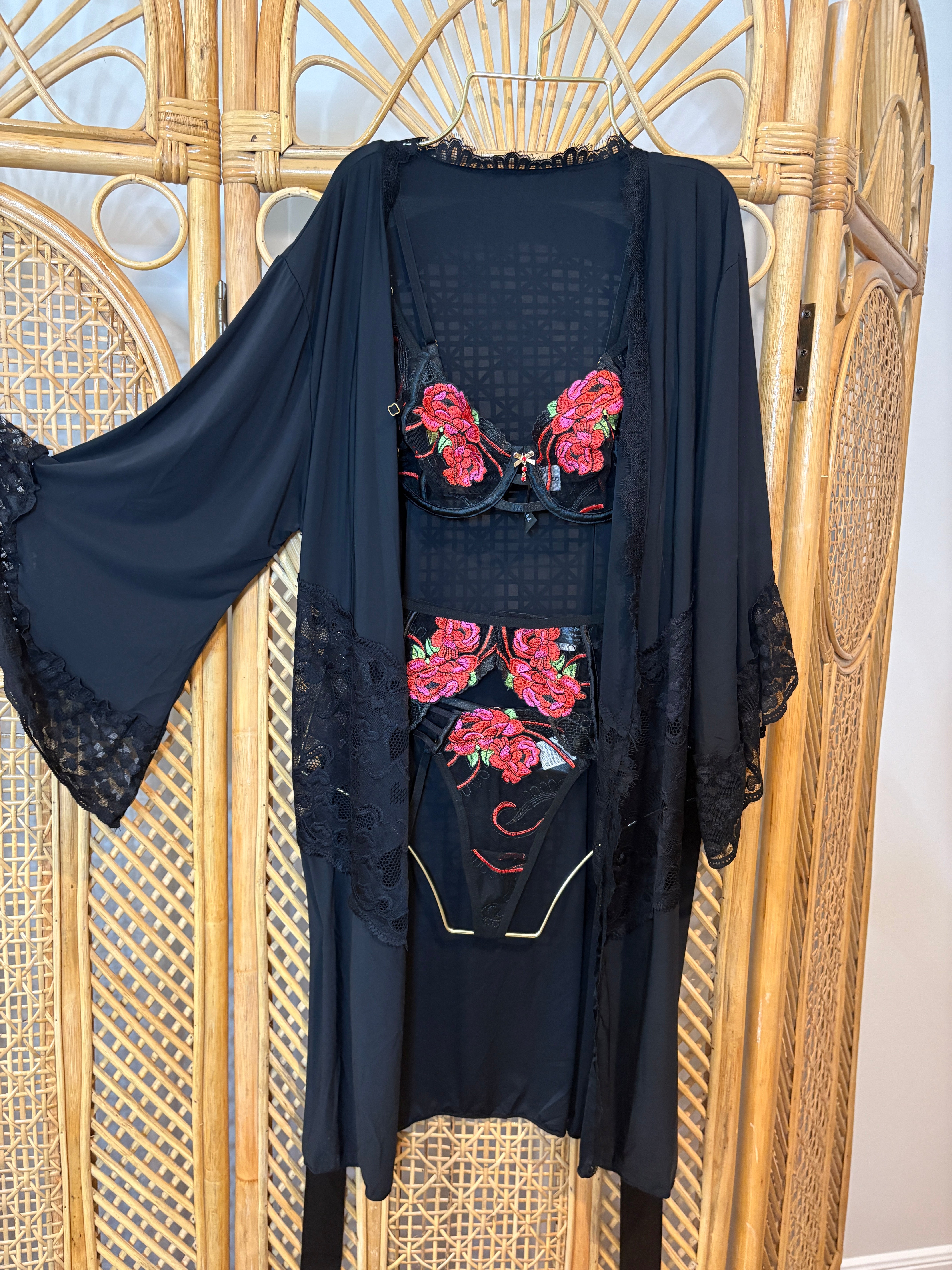 Let Love In - Black Silky Lingerie Lace Trimmed Robe