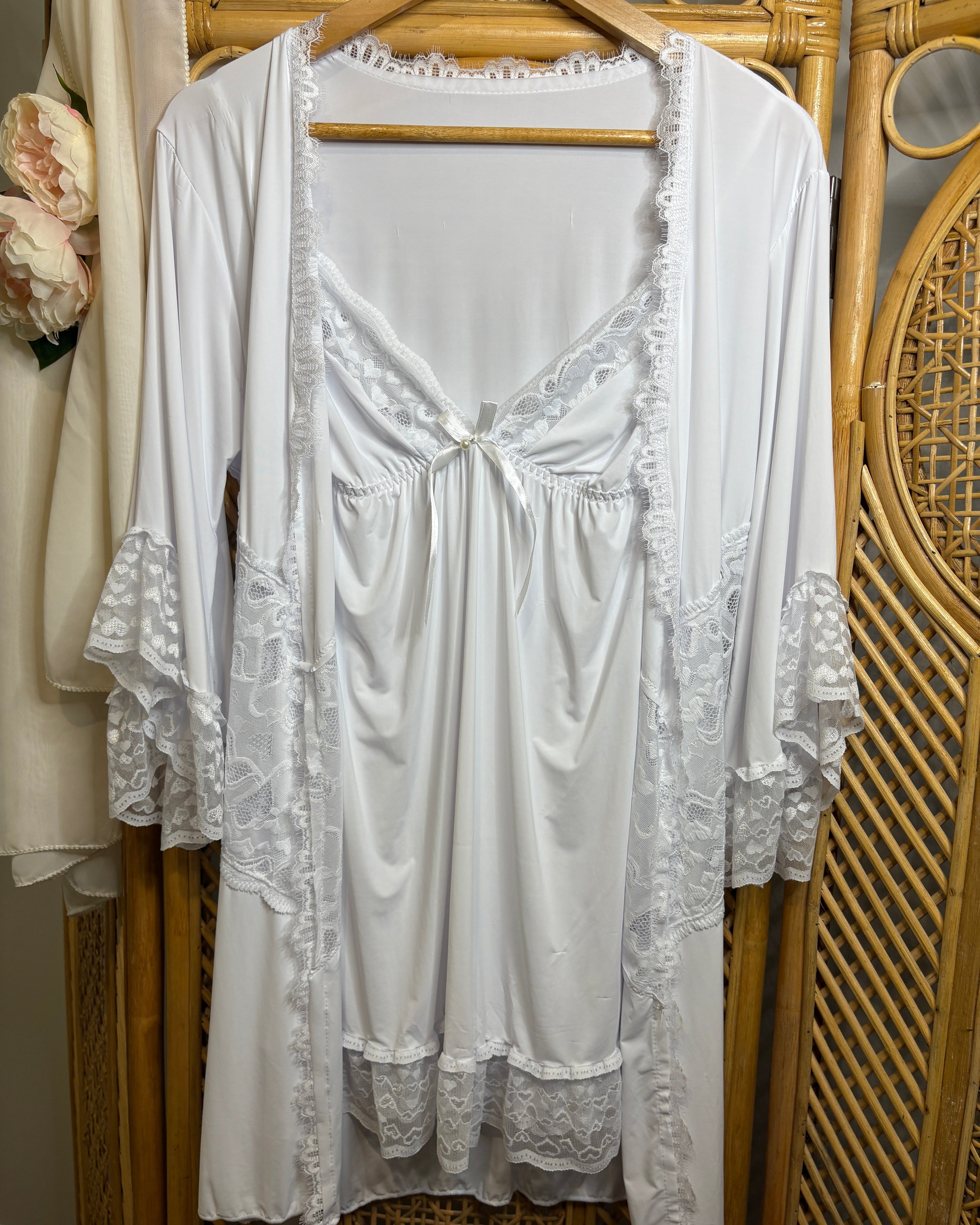 Let Love In - Slinky Lingerie Lace Trimmed Robe in White