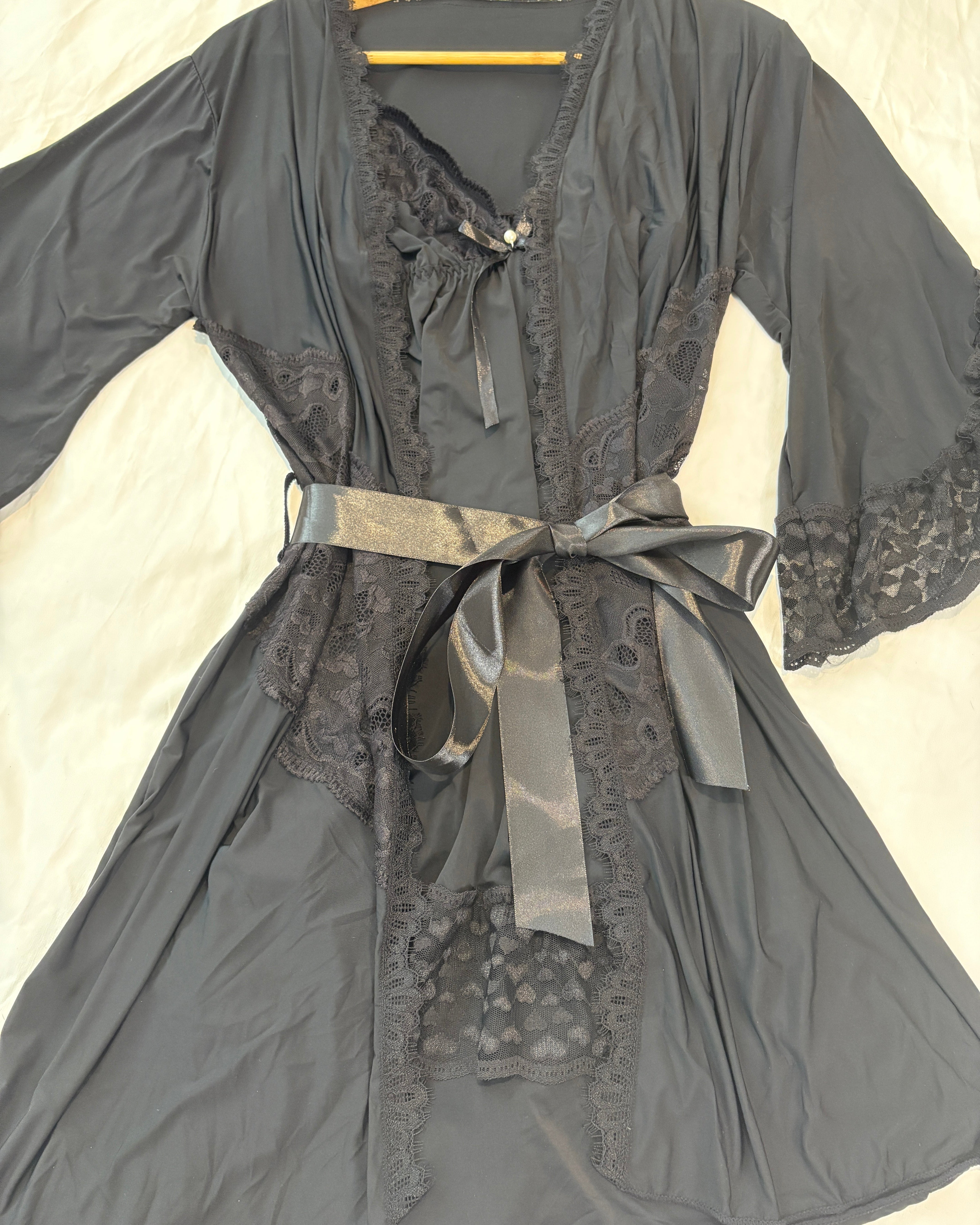 Let Love In - Black Silky Lingerie Lace Trimmed Robe