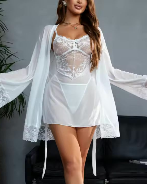 Let Love In - Slinky Lingerie Lace Trimmed Robe in White