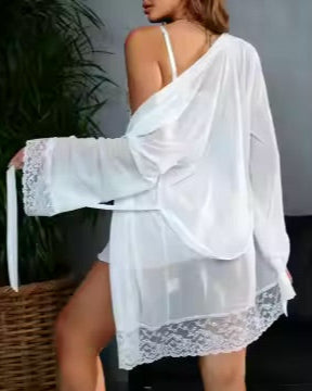 Let Love In - Slinky Lingerie Lace Trimmed Robe in White