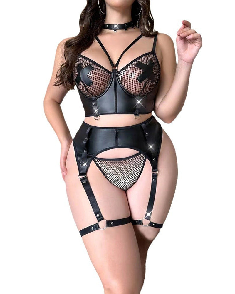 Licence to Thrill - Faux Leather & Mesh Curvy Lingerie Set