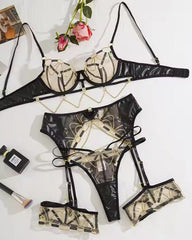 Midnight Reign Five Piece Lingerie Set in Gold and Black Lace