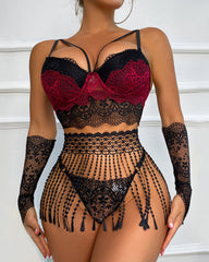 Lascivious Lingerie Set - Push-Up Bra, G-String, Tassel Skirt, and Lace Gloves
