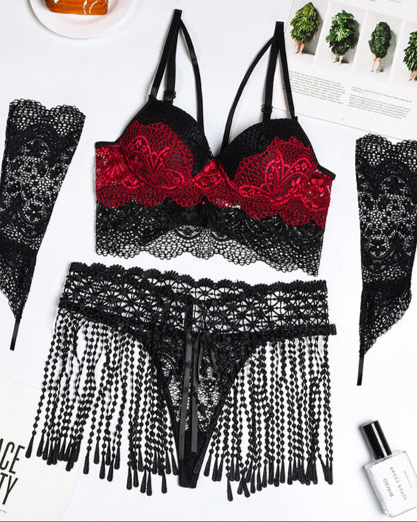Lascivious Lingerie Set - Push-Up Bra, G-String, Tassel Skirt, and Lace Gloves