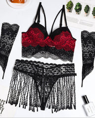 Lascivious Lingerie Set - Push-Up Bra, G-String, Tassel Skirt, and Lace Gloves