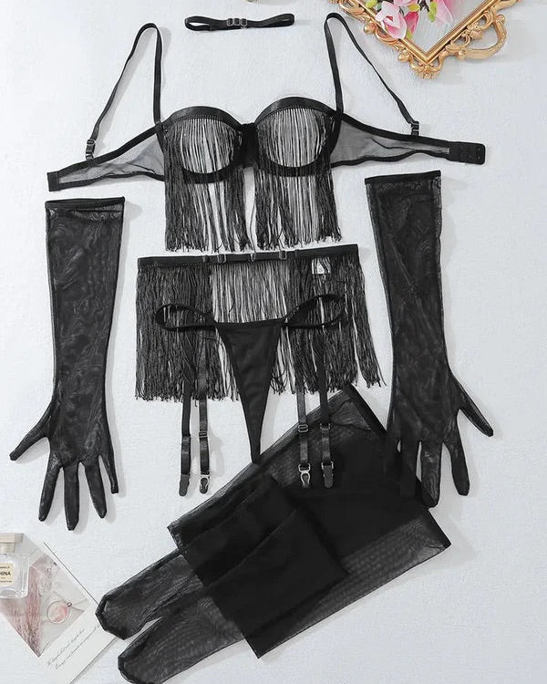 Crowd Pleaser – 6-Piece Black Tassel Lingerie Set with Gloves & Stockings