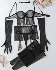 Crowd Pleaser – 6-Piece Black Tassel Lingerie Set with Gloves & Stockings