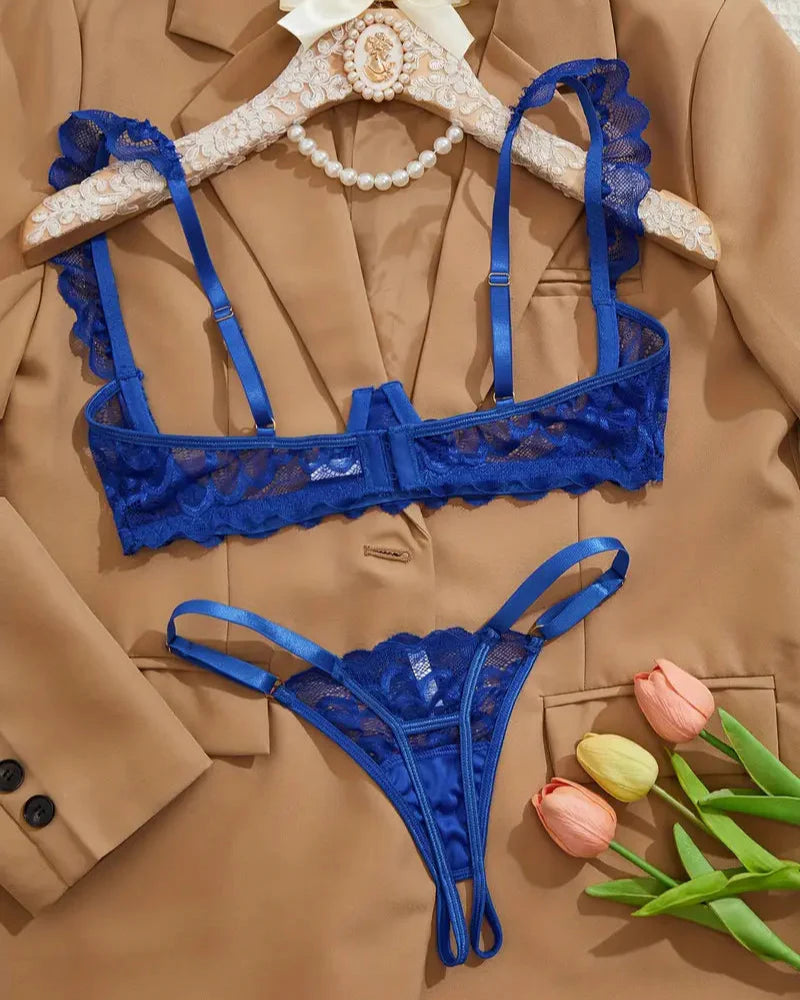 Open Invitation - Blue Open Cup Bra, Crotchless G String Lingerie Set