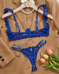 Open Invitation - Blue Open Cup Bra, Crotchless G String Lingerie Set